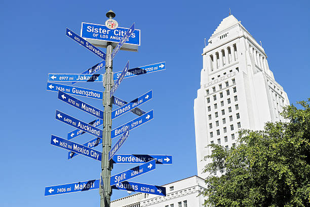istock Los Angeles City Hall + Directional Sign 506993126