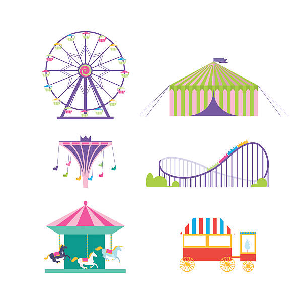 illustrazioni stock, clip art, cartoni animati e icone di tendenza di parco divertimenti set vettoriale. - amusement park park fun playground