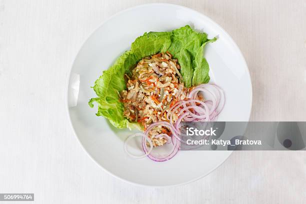 Chicken Salad Pickled Cucumber And Carrot On Lettuce Red Onion Stock Photo - Download Image Now