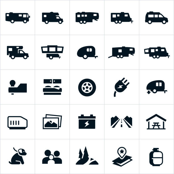 ilustrações de stock, clip art, desenhos animados e ícones de ícones de recreação veículo - caravana