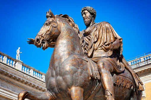Equestrian Statue of Marcus Aurelius at Palazzo del Campidoglio in Rome, Italy. The original was erected ca. 175 AD by artist unknown, a replica made in 1981 now stands in its place.