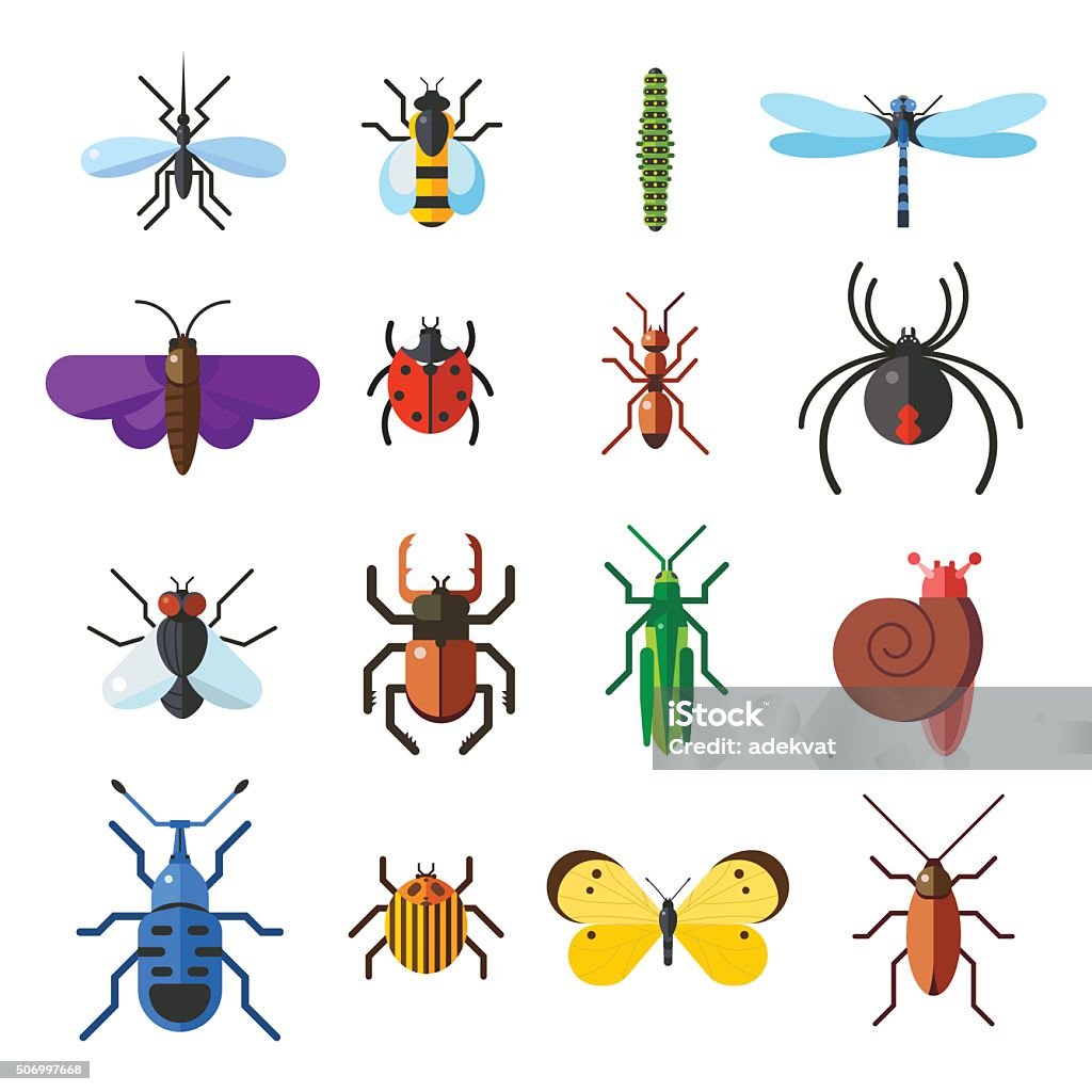 Insect icon flat set isolated on white background Insect icon flat set isolated on white background. Insects flat icons vector illustration. Nature flying insects isolated icons. Ladybird, butterfly, beetle vector ant. Vector insects Insect stock vector