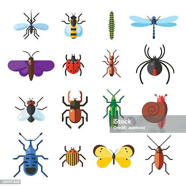 Insect Icon Flat Set Isolated On White Background Stock Illustration - Download Image Now - Insect, Icon Symbol, Illustration