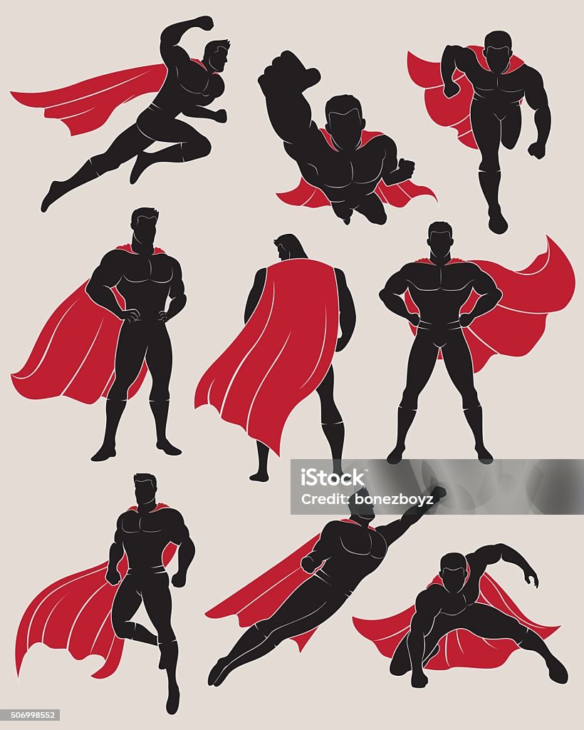 Set of Superhero in 9 Different Poses Superhero silhouette. No gradients used. High resolution JPG, PNG (transparent background) and AI files are included. Superhero stock vector