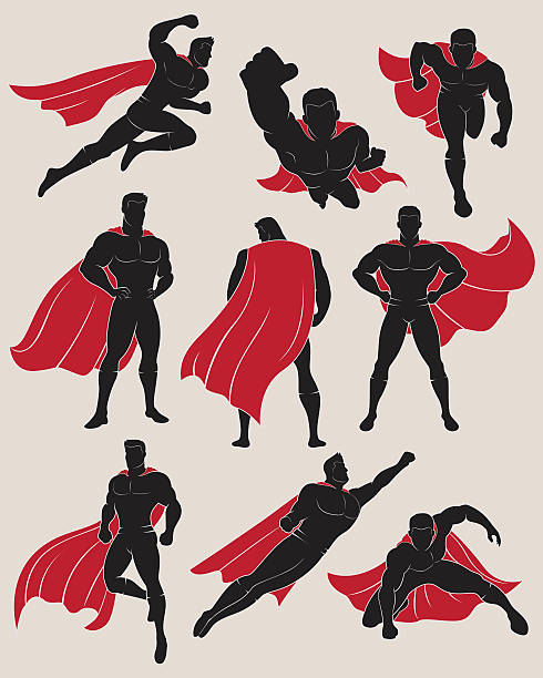 Set of Superhero in 9 Different Poses Superhero silhouette. No gradients used. High resolution JPG, PNG (transparent background) and AI files are included. superhero stock illustrations
