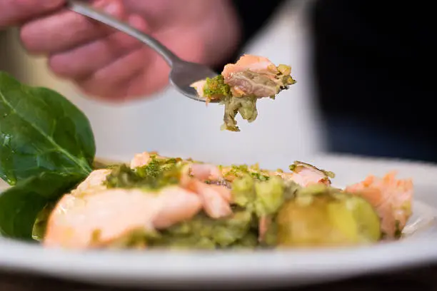 Photo of Salmon fillet, pesto and crushed potato on fork