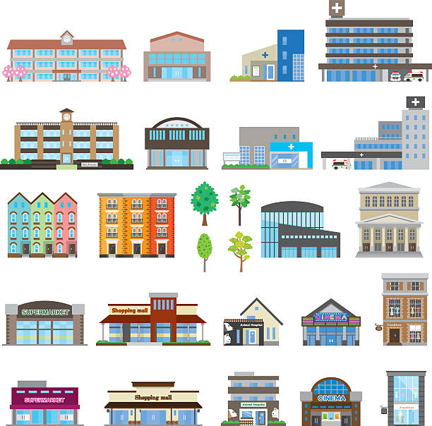 ilustrações de stock, clip art, desenhos animados e ícones de diversos edifício - fachada loja