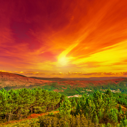 Small Towns Surrounded by Forests and Mountains in Portugal, Sunset, Retro Effect