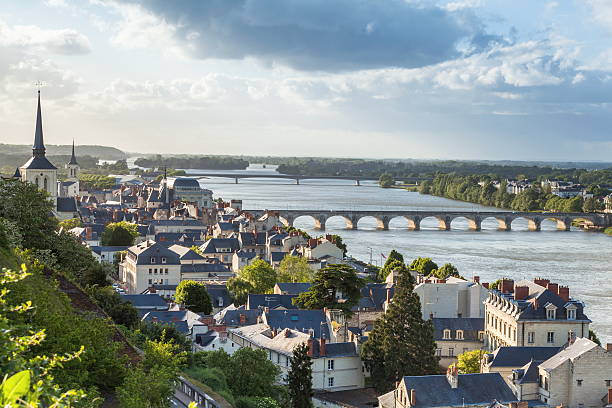 Saumur view of the French town of Saumur in the Loire River running through it loire valley photos stock pictures, royalty-free photos & images