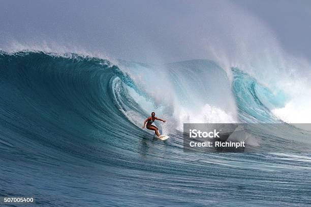 Brave Girl Surfs A Big Powerful Wave Stock Photo - Download Image Now - Surfing, Wave - Water, Large