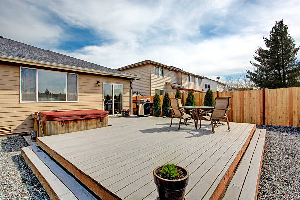 istock Walkout deck with patio area and hot tub 507008315