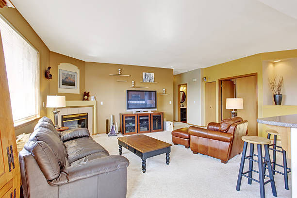 istock Cozy living room with fireplace and leather couch 507008469