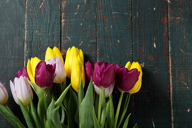 istock bouquet of fresh tulips on old boards 507024694