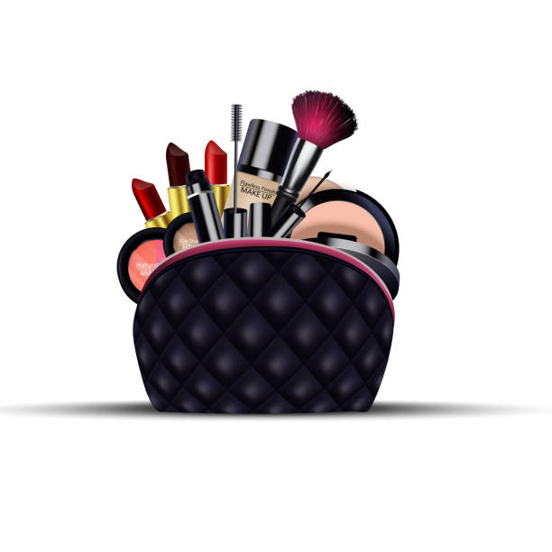 set kosmetik dengan tas hitam di latar belakang terisolasi - anak hewan panggung hewan ilustrasi stok