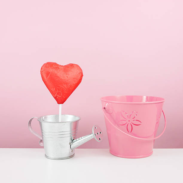 istock Red foiled chocolate heart stick with small silver watering can 507030464