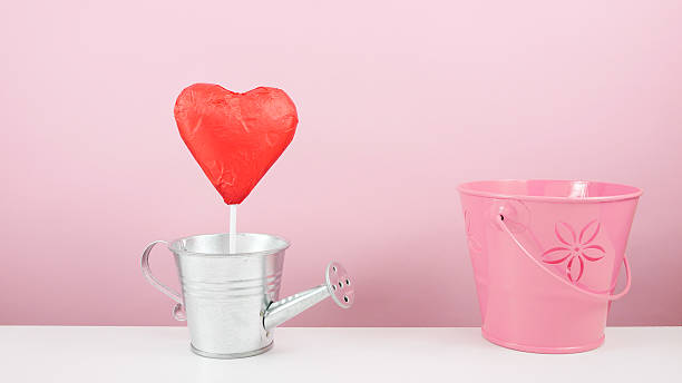 istock Red foiled chocolate heart stick with small silver watering can 507030516