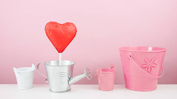 istock Red foiled chocolate heart stick with small silver watering can 507030588