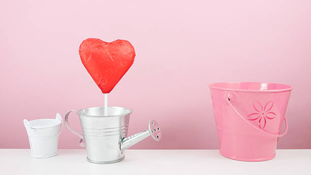 istock Red foiled chocolate heart stick with small silver watering can 507030638