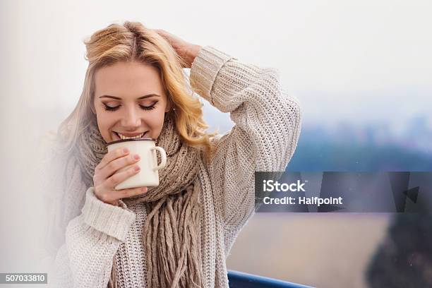 Beautiful Woman Relaxing Stock Photo - Download Image Now - Women, Coffee - Drink, Autumn