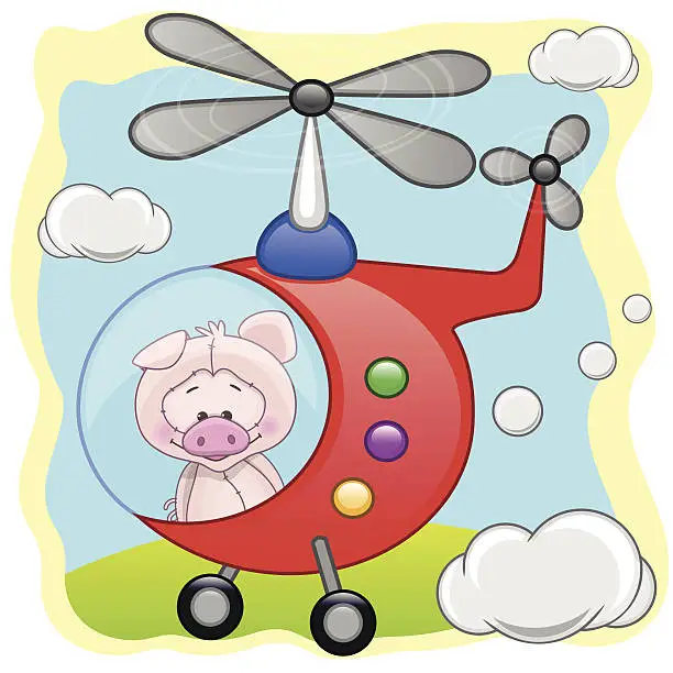 Vector illustration of Pig in helicopter