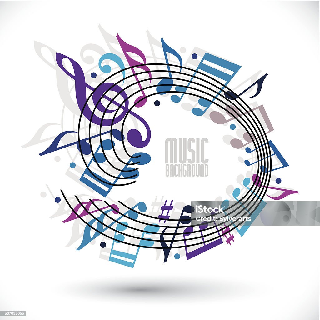 Blue and violet music background with clef and notes. Blue and violet music background with clef and notes, music sheet in rounded frame, musical theme template for your design. Abstract stock vector