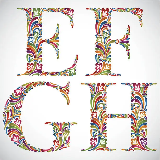 Vector illustration of Ornate alphabet letters E F G H.