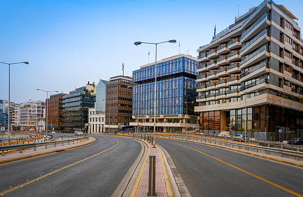 View of road at Piraeus port,Greece Commercial road and buildings at Piraeus port,Greece piraeus photos stock pictures, royalty-free photos & images