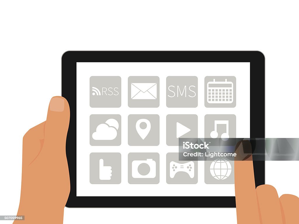 Computer App In Hand Tablet Pc With Applications In Human Hands Stock Illustration ...