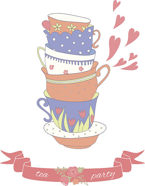 ilustraciones, imágenes clip art, dibujos animados e iconos de stock de tea party tarjeta con una pila de coloridas recipientes monada - white background stack heap food and drink