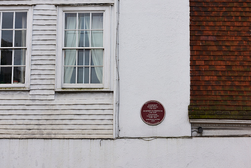 Tunbridge Wells, UK - January 26, 2016: Plaque outside house where Humphrey Borrows Snr and, later, Humphrey Borrows Jnr lived and manufactured Tunbridge ware.