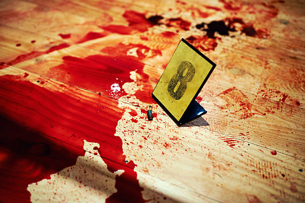 Pools of blood Shot of Cropped shot two bullet casings on a bloody crime scene floor evidence photos stock pictures, royalty-free photos & images