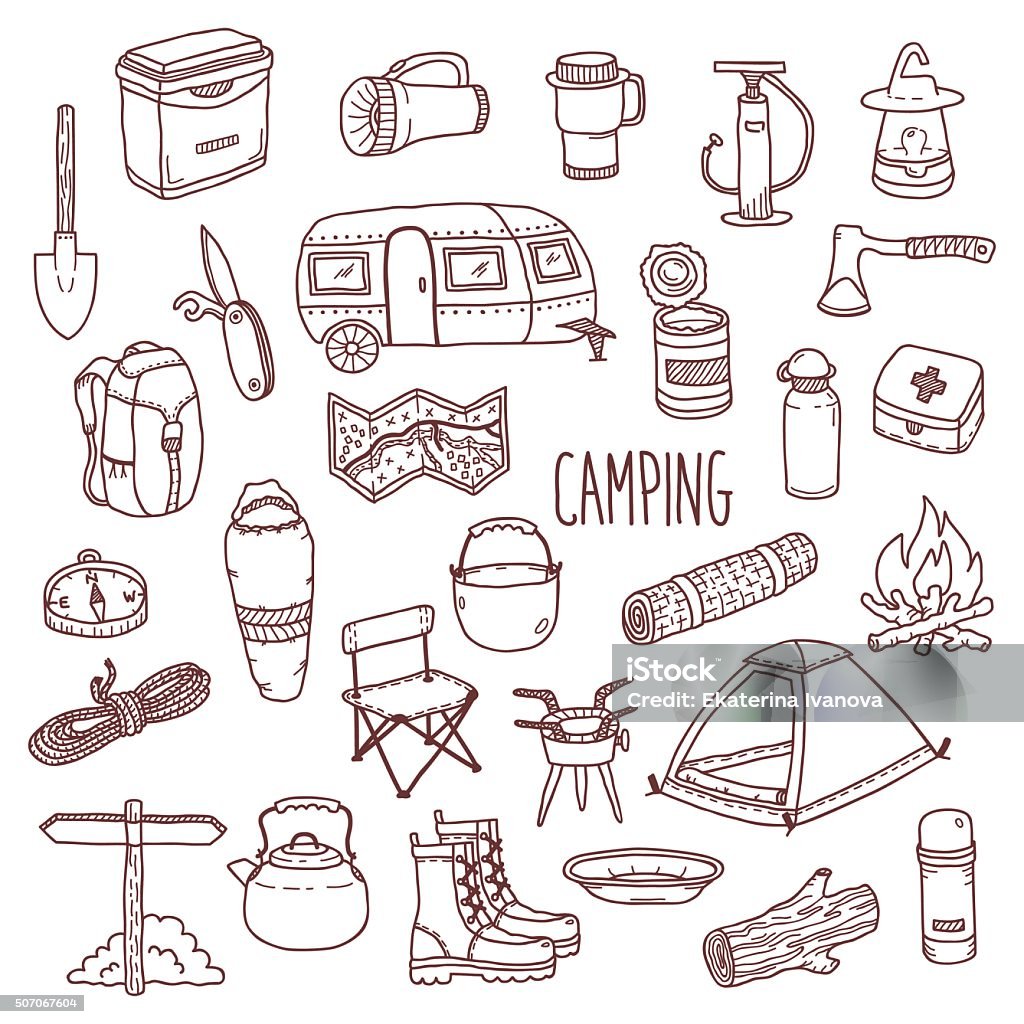 Camping vector hand drawn contour icon set Camping vector icon and symbols set. Doodle contour style camp equipment. Hand drawn sketch style illustration isolated on white background. Elements for use in design, packing, textile, logo. Sleeping Bag stock vector