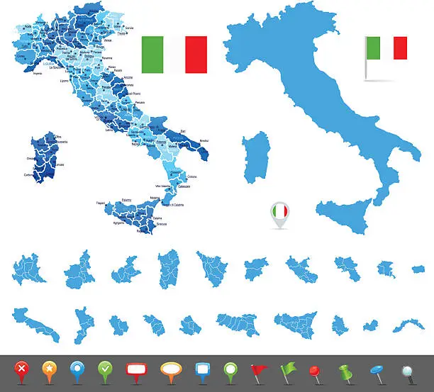 Vector illustration of Map of Italy - states, cities and navigation icons