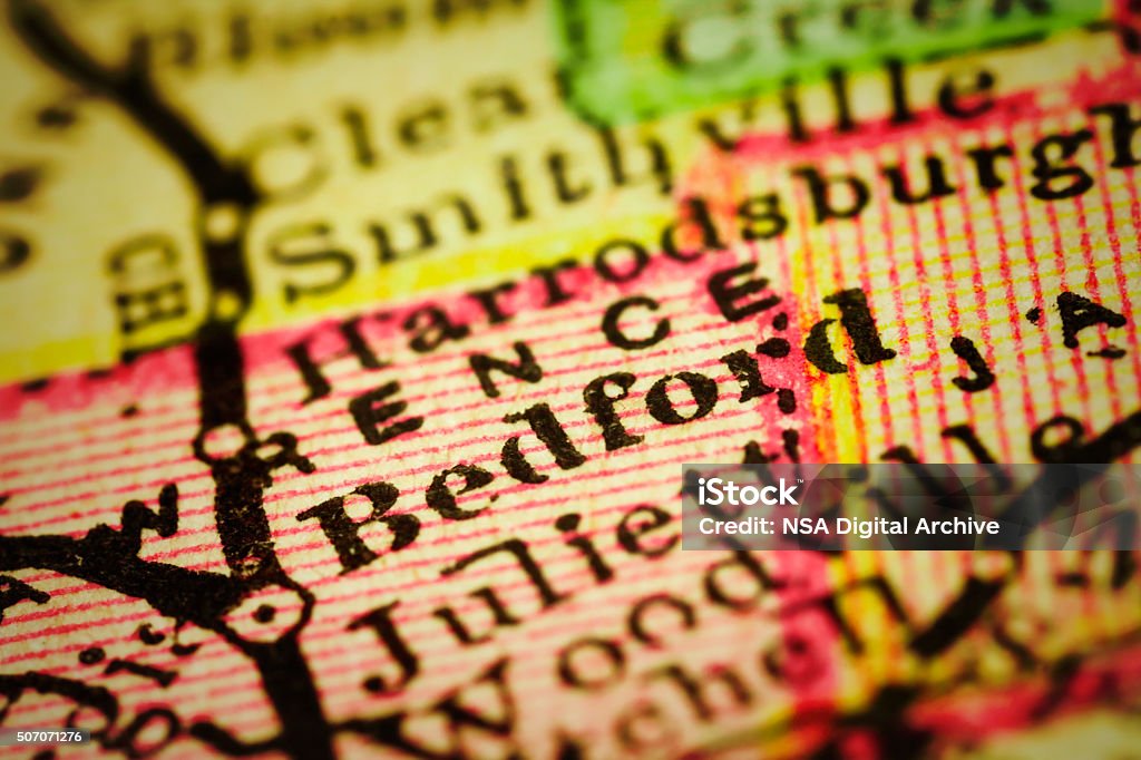 Bedford, Indiana on an Antique map Bedford, Indiana on 1880's map. Selective focus and Canon EOS 5D Mark II with MP-E 65mm macro lens. Bedford - England Stock Photo