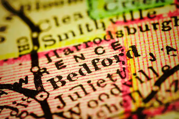 Bedford, Indiana on 1880's map. Selective focus and Canon EOS 5D Mark II with MP-E 65mm macro lens.