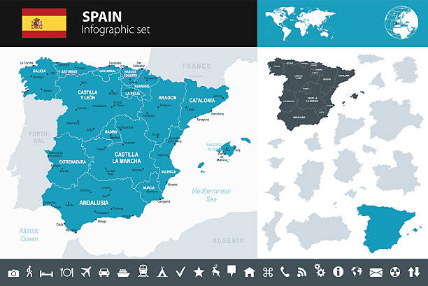 spain - infographic map - illustration - barcelona sevilla stock illustrations