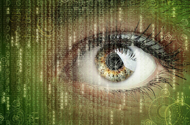 Digital data and eye Womans eye with futuristic digital data concept for technology, virtual reality headset, biometric retina scan, surveillance or computer hacker security technology human eye eyesight stock pictures, royalty-free photos & images