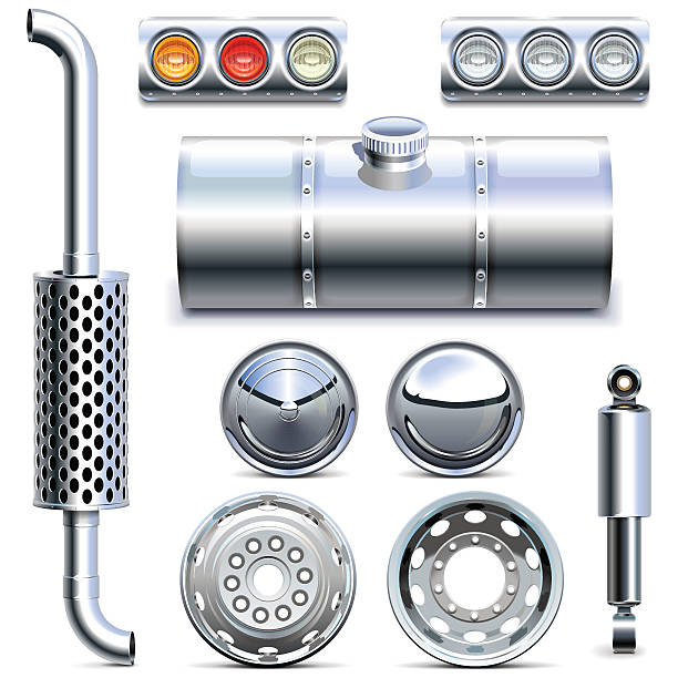 Vector Chromed Truck Parts Set 1 Vector Chromed Truck Parts set, including disk, muffler, headlamp and other, isolated on white background tail light stock illustrations