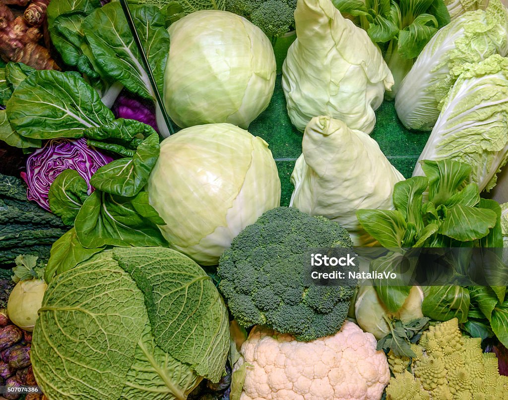 Fresh vegetables. Savoy, chinese,red cabbage, broccoli, cauliflower, romanesco broccoli Fresh raw ruciferous vegetables. Savoy cabbage, red cabbage, broccoli, cauliflower, chinese cabbage, kohlrabi, romanesco broccoli. Concept of healthy eating, abstinence from meat, vegetarianism, raw food, diet. Close-up Vegetable Stock Photo