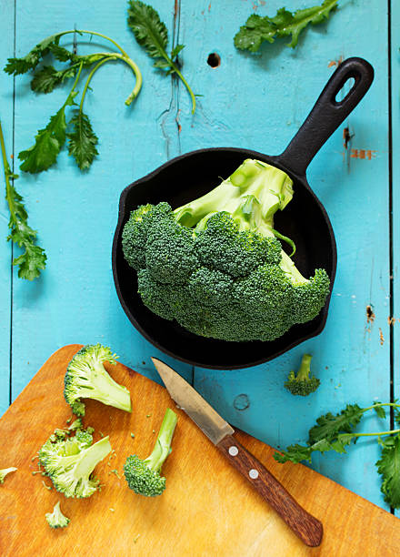 broccoli on a blue board. Top view.