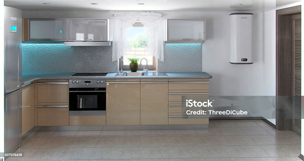L-shaped minimalism kitchen interior, 3d render Naturalness and aesthetic minimalism in elegance and conservative grey color. Kitchen Stock Photo
