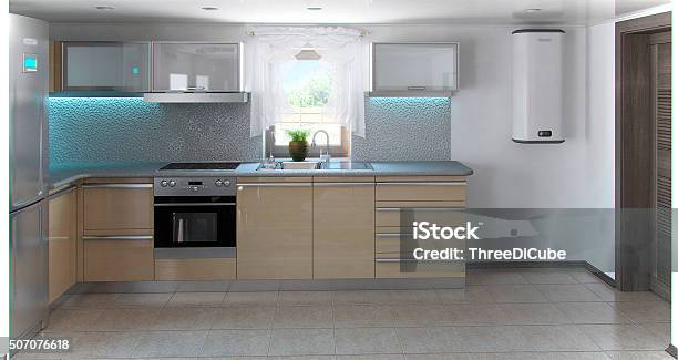 Lshaped Minimalism Kitchen Interior 3d Render Stock Photo - Download Image Now - Kitchen, Kitchen Hood, Arts Culture and Entertainment