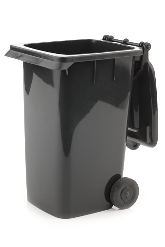 black opened garbage can isolated on white background