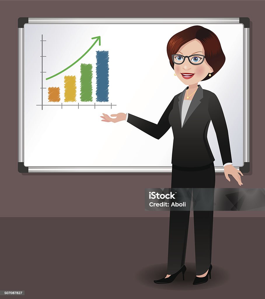 Business woman in front of whiteboard explaining growth chart. Businesswoman explaining sales/ growth bar chart, graph.  This is an EPS 10 vector with neatly named layers. Adult stock vector