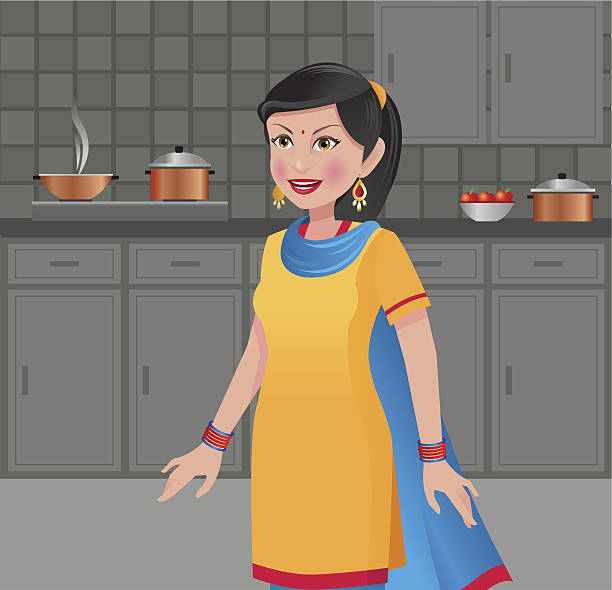 indische frau in einem salwar kameez in der küche - küche modern stock-grafiken, -clipart, -cartoons und -symbole