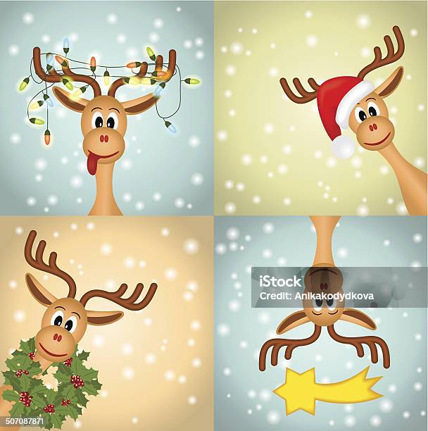 Quattro Divertente Natale Renna - Immagini vettoriali stock e altre immagini di Humour - Humour, Natale, A forma di stella