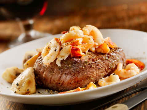 Steak Oscar, with Crab, Lobster, Shrimp and Mushrooms-Photographed on Hasselblad H3D2-39mb Camera
