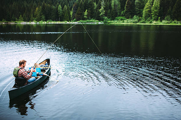 Family Fishing Trip A father takes his two sons on a fly fishing lake trip in the trusty canoe. In this high angle view it appears he has caught a fish on his line. Horizontal with copy space. Shot in the beautiful Pacific Northwest at Trillium Lake, Oregon. rowing boat fishing stock pictures, royalty-free photos & images