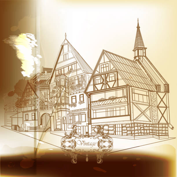 Creative hand drawn background with European house. Retro vector