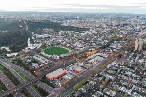Victoria Park football stadium near the intersection of the Eastern Freeway and Hoddle Street in Melbourne, Australia.